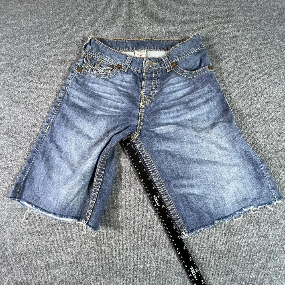 True Religion Bermuda Short Men's 30 Blue Cotton Denim Frayed-Hem Faded Workwear